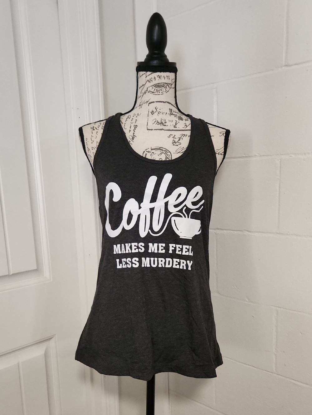Bella Canvas Heather Charcoal Gray Tank NWOT "Coffee Makes Me Feel Less Murdery"